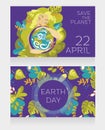 Two cards  for Earth Day with natural woman hugging our planet Royalty Free Stock Photo